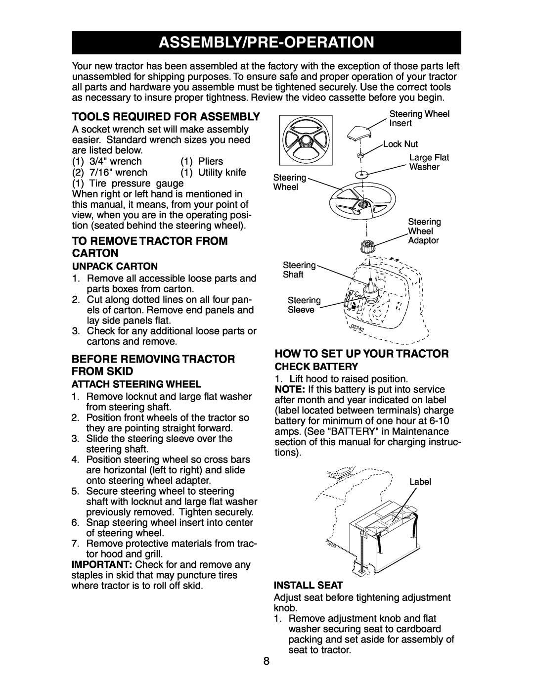 Poulan COGT22H48A Assembly/Pre-Operation, Unpack Carton, Attach Steering Wheel, How To Set Up Your Tractor Check Battery 