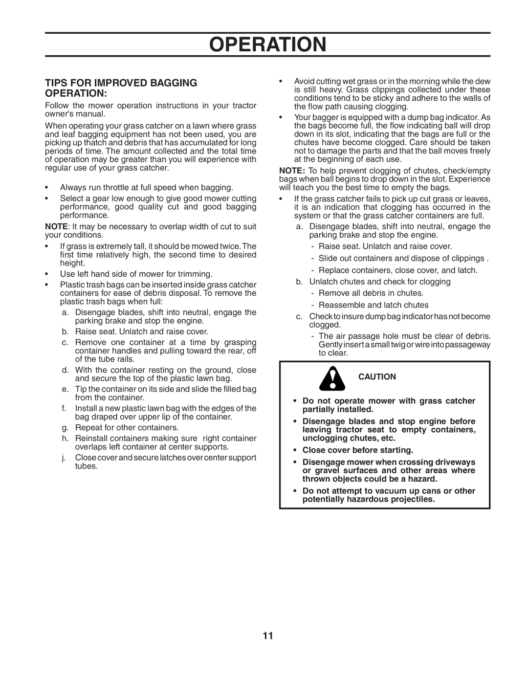 Poulan 954 04 04-01, CR38C, 532140602 owner manual Tips for Improved Bagging Operation 