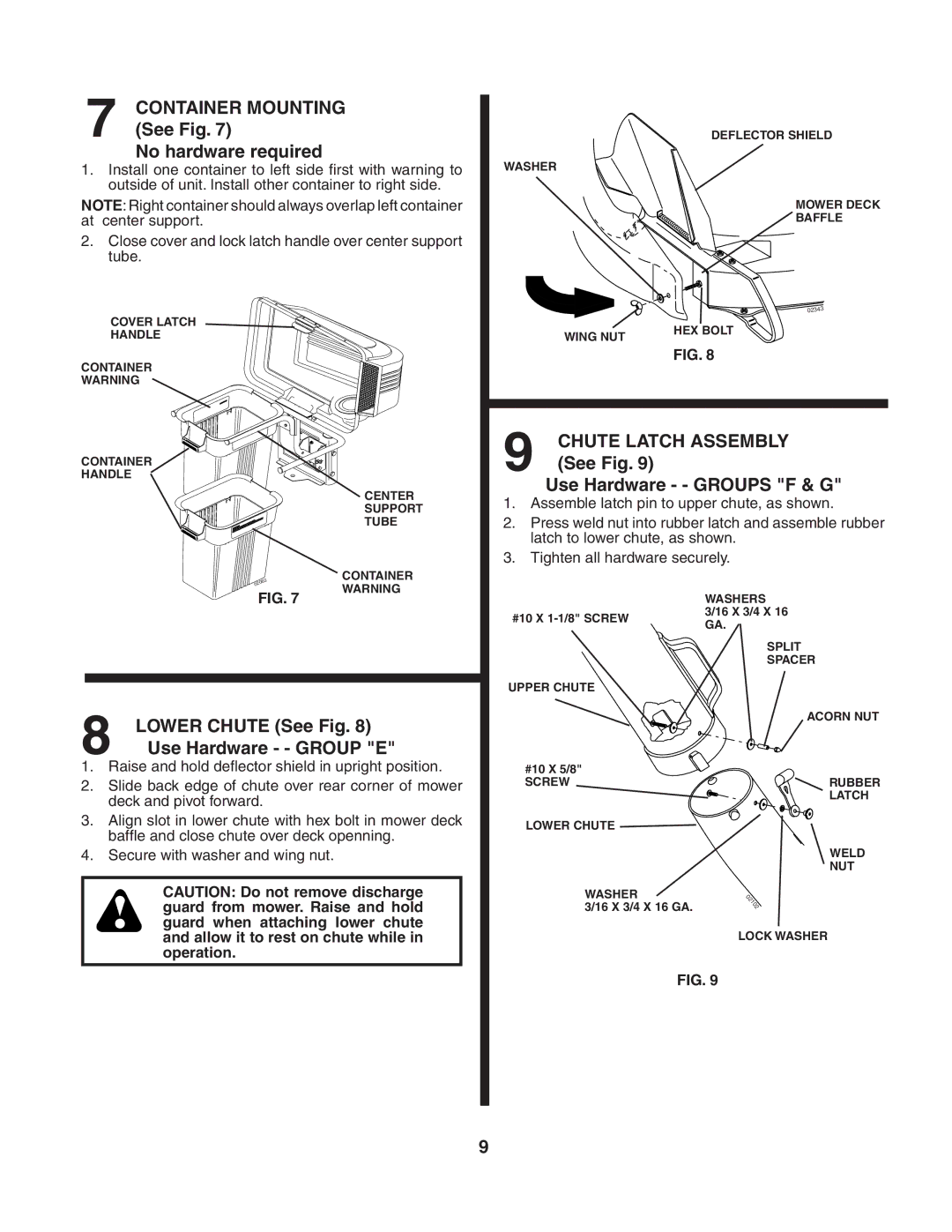 Poulan CR38C Container Mounting See Fig No hardware required, Chute Latch Assembly, See Fig Use Hardware - Groups F & G 