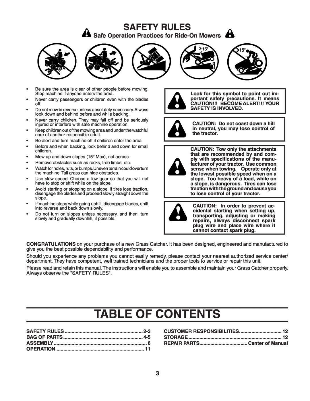 Poulan CR38C, 532140602, 954 04 04-01 Table Of Contents, Customer Responsibilities, Center of Manual, Safety Rules 