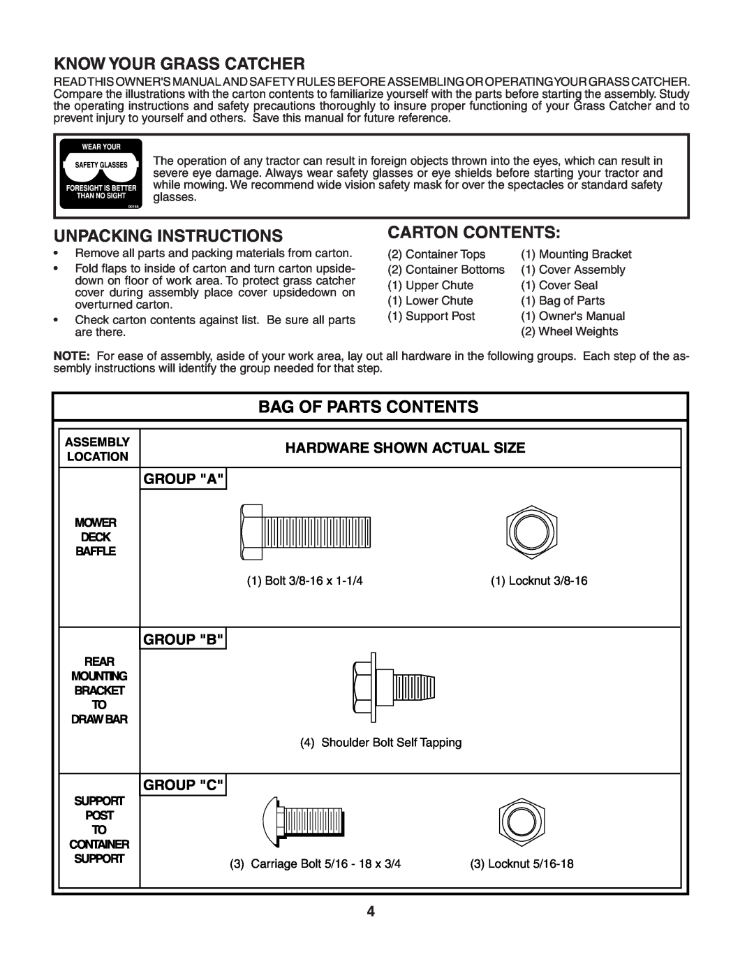 Poulan 532140602 Know Your Grass Catcher, Unpacking Instructions, Carton Contents, Bag Of Parts Contents, Group A, Group B 