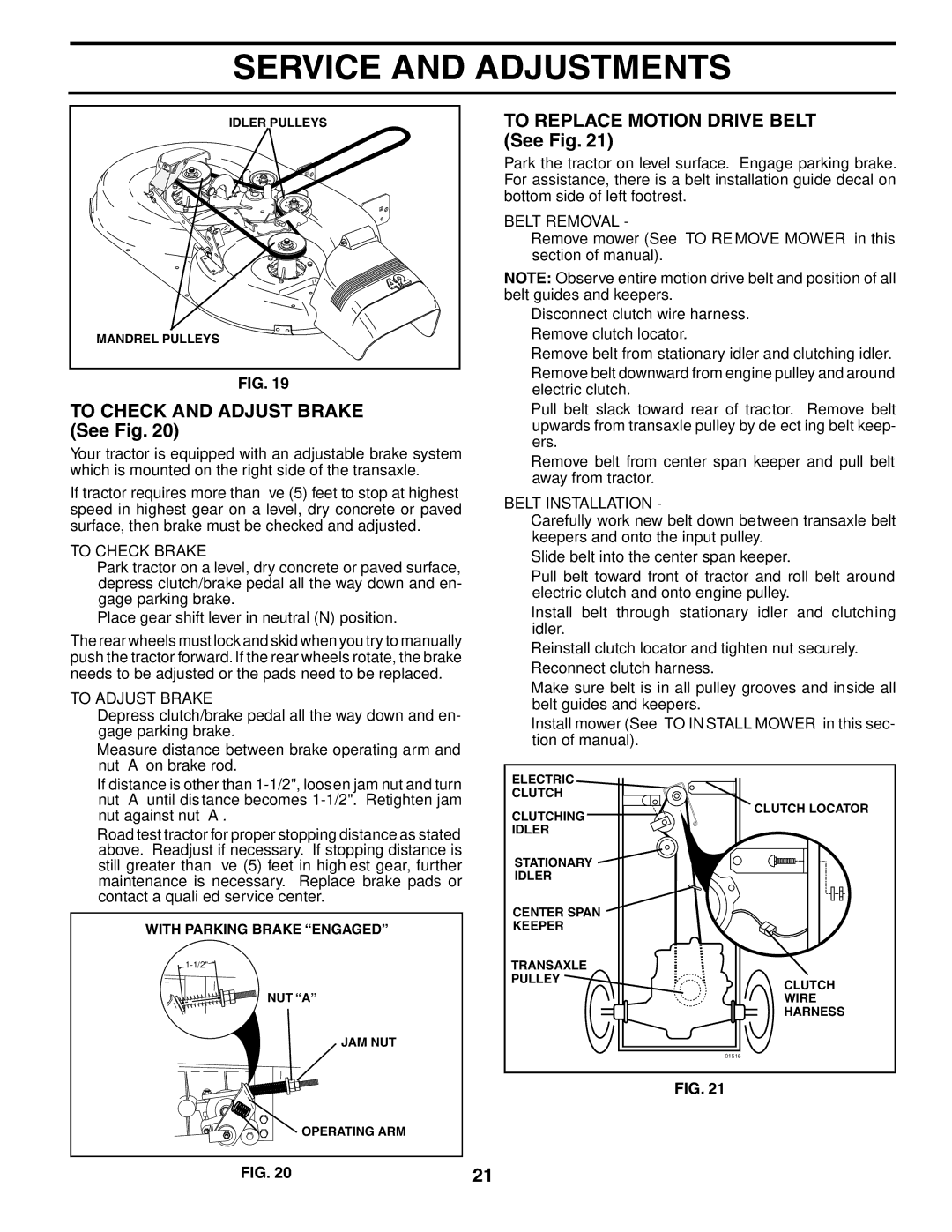 Poulan DB18542YT To Check and Adjust Brake See Fig, To Replace Motion Drive Belt See Fig, To Check Brake, To Adjust Brake 