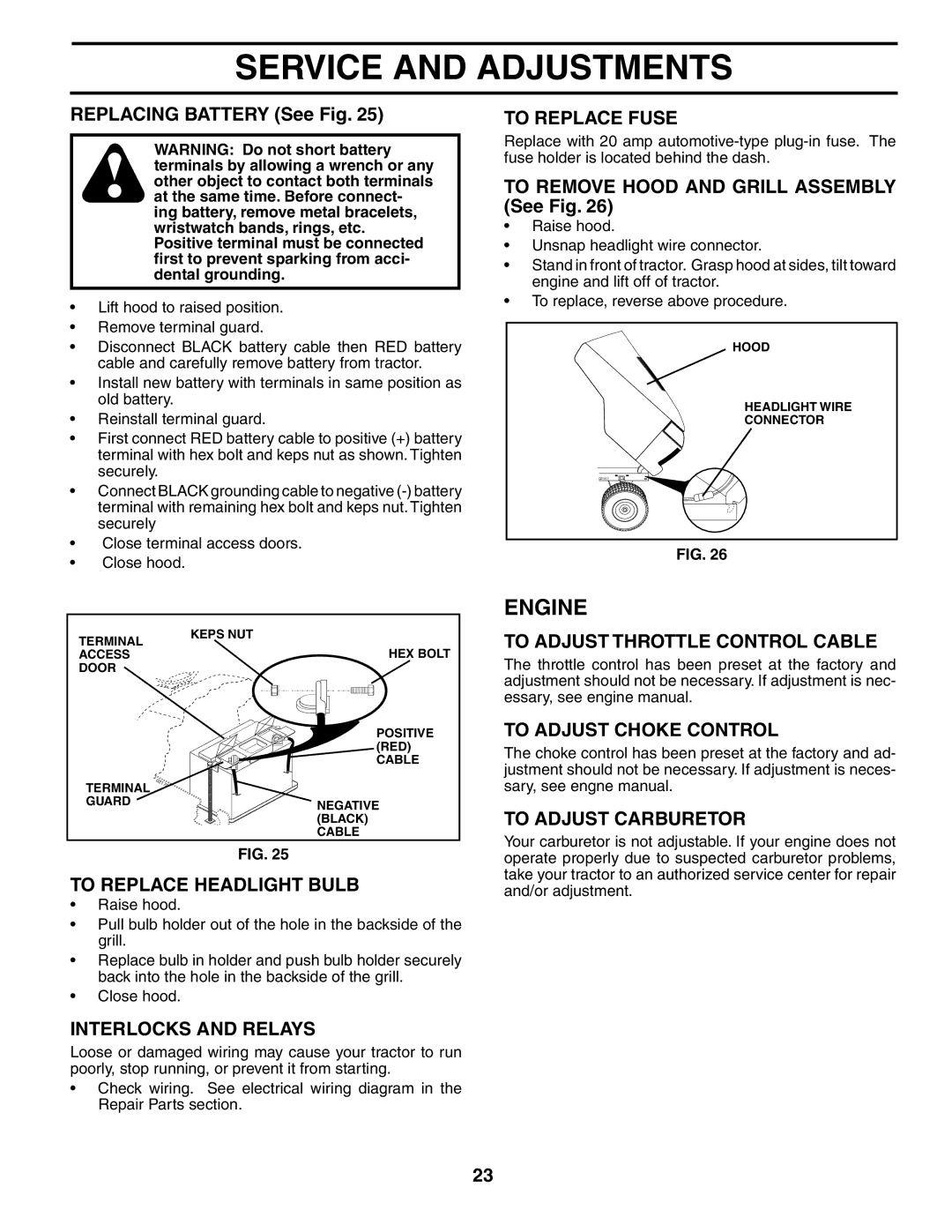 Poulan DB18542YT manual To Replace Fuse, To Adjust Throttle Control Cable, To Adjust Choke Control, To Adjust Carburetor 