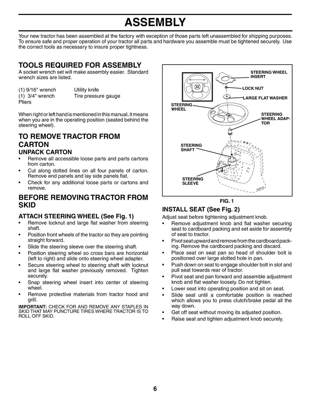 Poulan DB18542YT manual Tools Required for Assembly, To Remove Tractor from Carton, Before Removing Tractor from Skid 