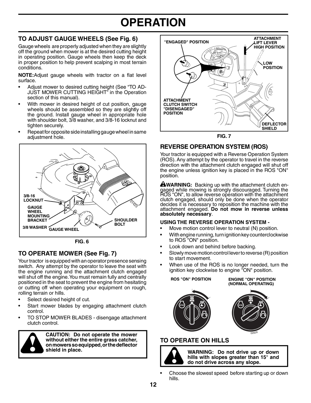 Poulan DB185H42YT manual To Adjust Gauge Wheels See Fig, To Operate Mower See Fig, Reverse Operation System ROS 