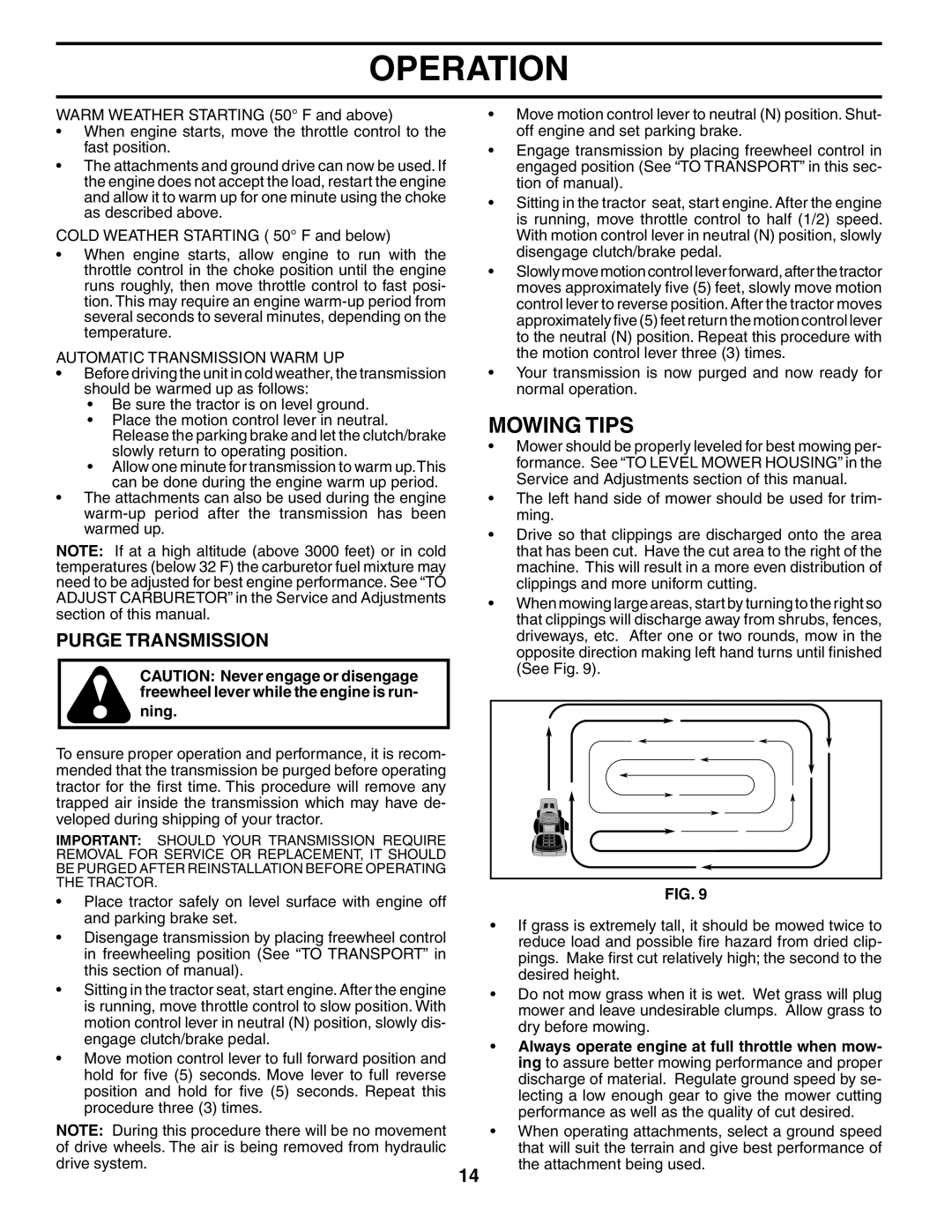 Poulan DB185H42YT manual Mowing Tips, Purge Transmission, Automatic Transmission Warm UP 