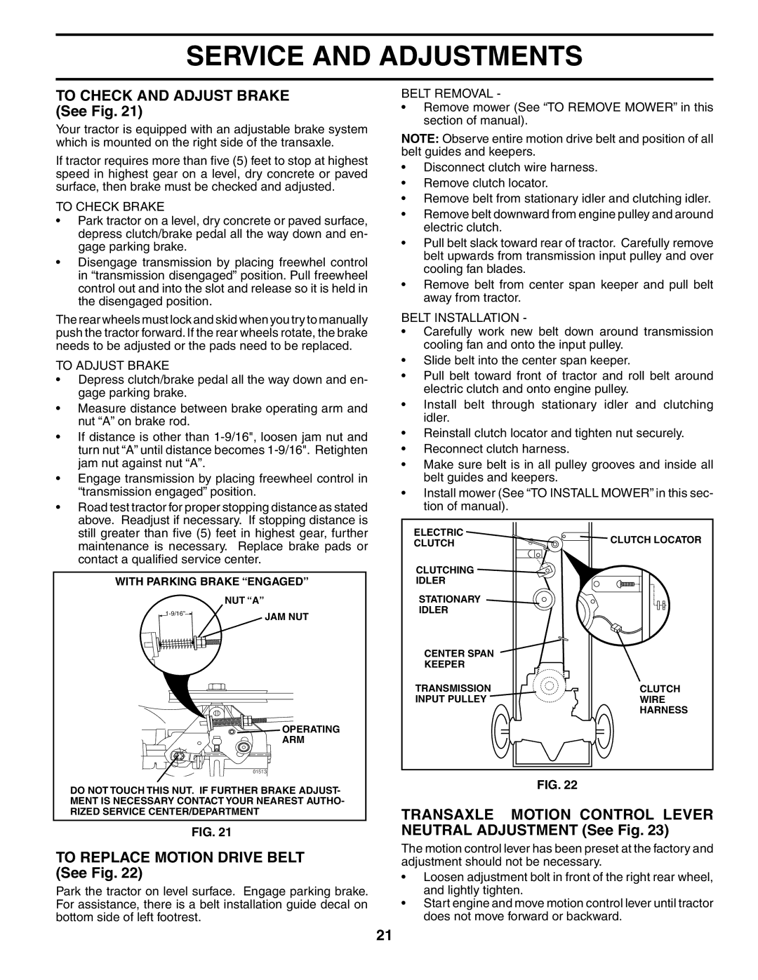 Poulan DB185H42YT To Check and Adjust Brake See Fig, To Replace Motion Drive Belt See Fig, To Check Brake, To Adjust Brake 