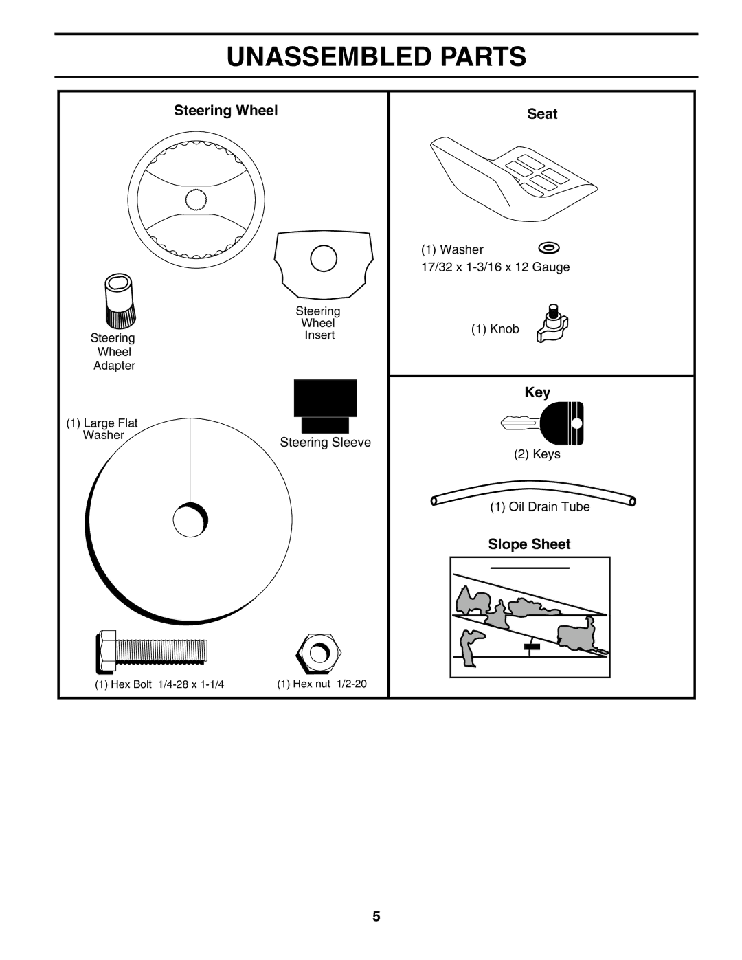 Poulan DB185H42YT manual Unassembled Parts, Steering Wheel Seat, Key, Slope Sheet 