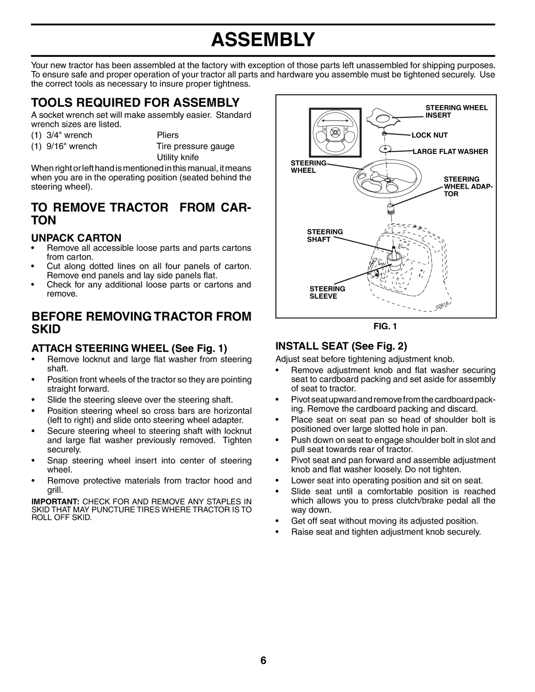 Poulan DB185H42YT Tools Required for Assembly, To Remove Tractor from CAR- TON, Before Removing Tractor from Skid 