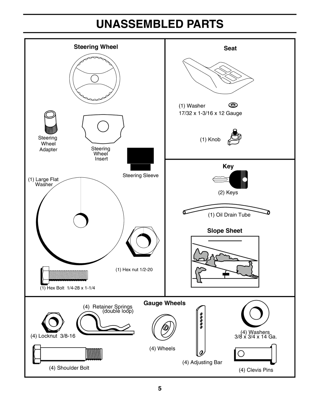 Poulan DB24H42YT manual Unassembled Parts, Steering Wheel Seat, Key, Slope Sheet, Gauge Wheels 