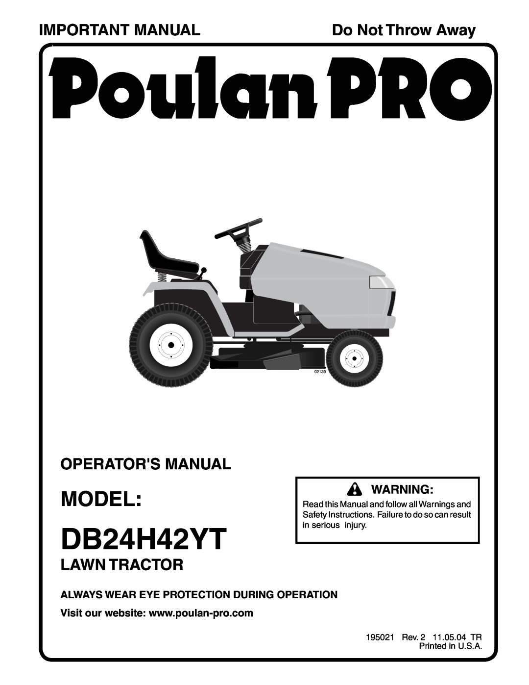 Poulan DB24H42YT manual Model, Important Manual, Operators Manual, Lawn Tractor, Do Not Throw Away, 02139 