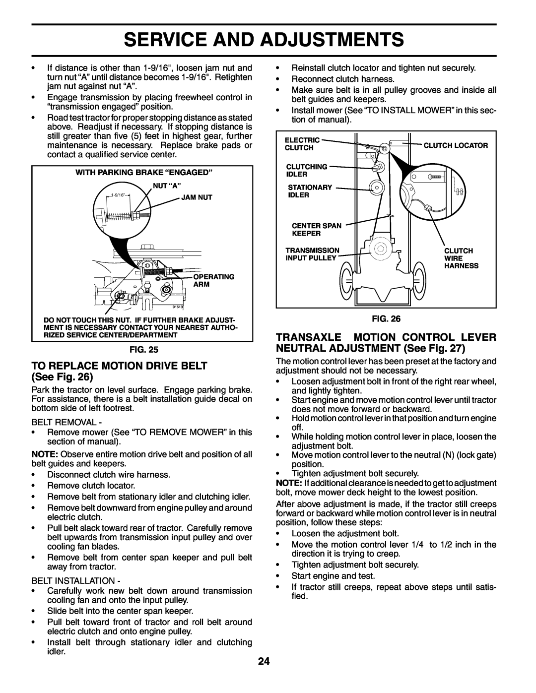 Poulan DB27H48YT manual TO REPLACE MOTION DRIVE BELT See Fig, Service And Adjustments 
