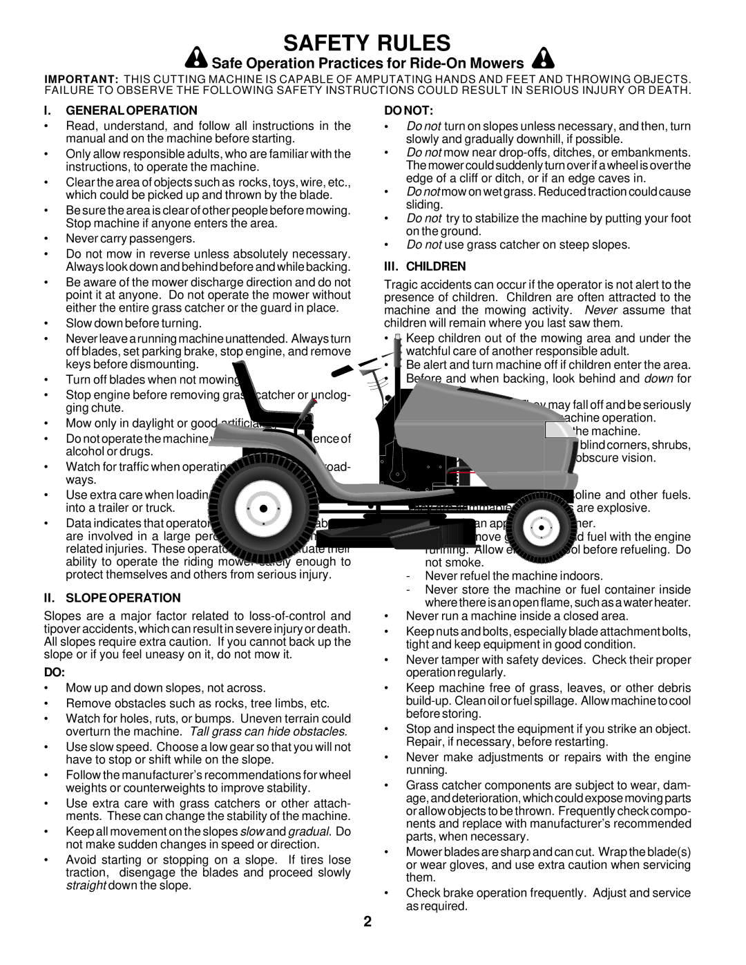 Poulan DPR22H46STA owner manual Safety Rules, Safe Operation Practices for Ride-On Mowers 