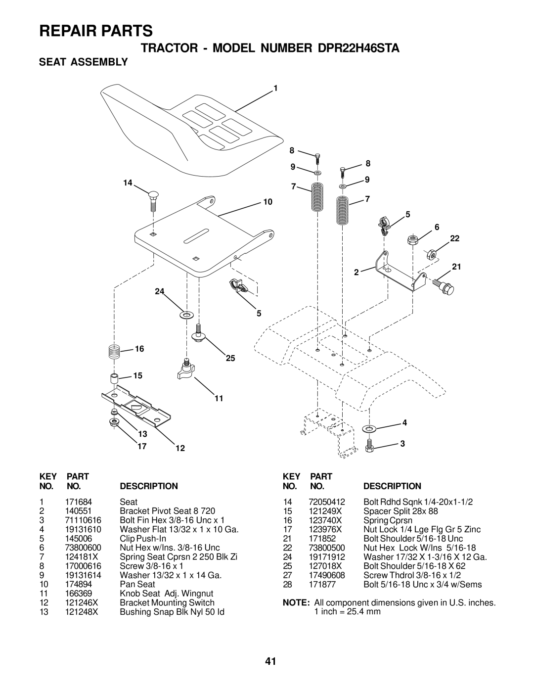 Poulan DPR22H46STA owner manual Seat Assembly 