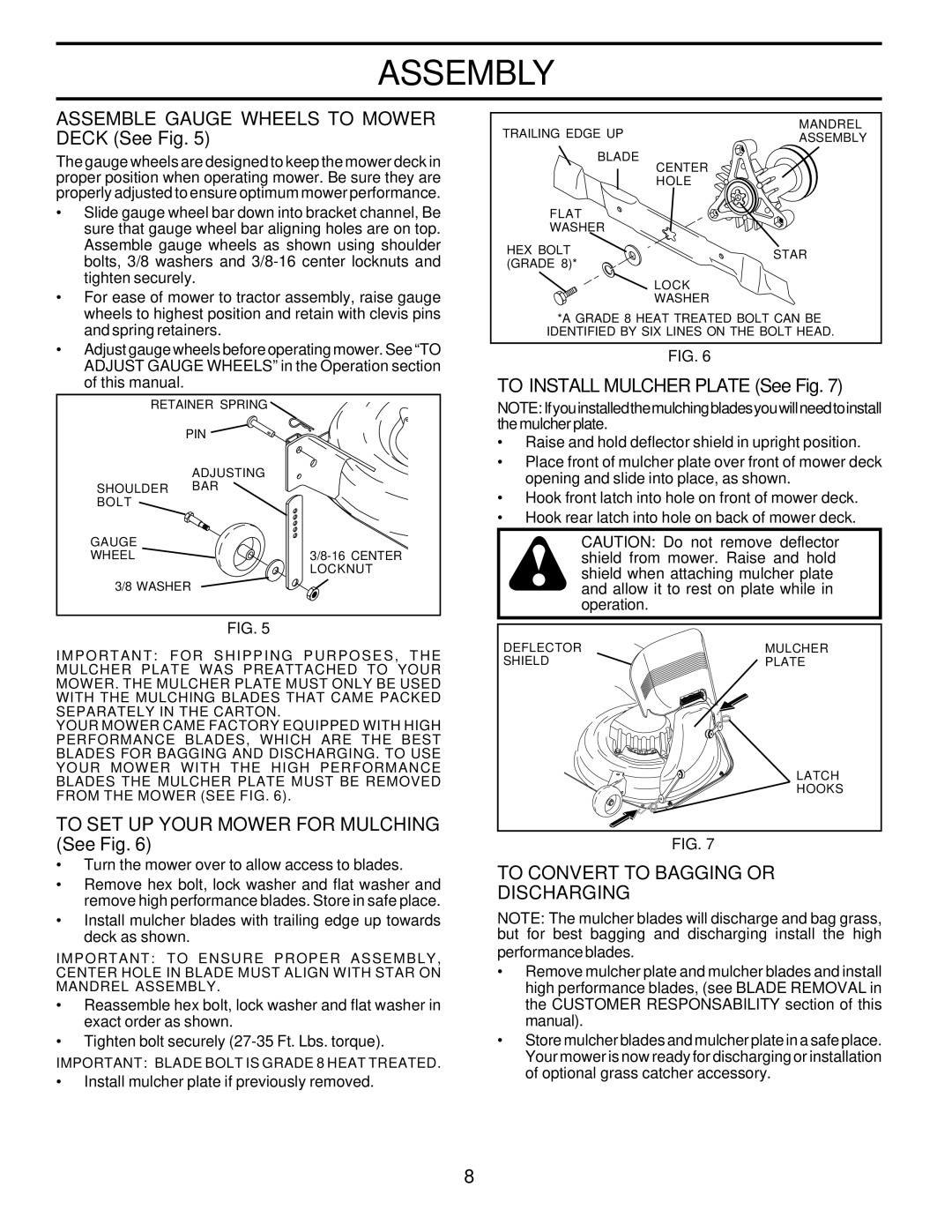 Poulan DPR22H46STA owner manual Assemble Gauge Wheels to Mower Deck See Fig, To SET UP Your Mower for Mulching See Fig 