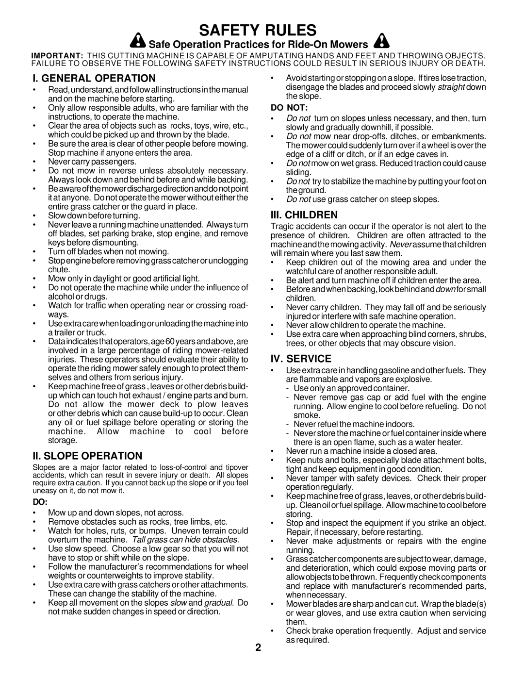 Poulan DPR22H46STB Safe Operation Practices for Ride-On Mowers, General Operation, II. Slope Operation, III. Children 