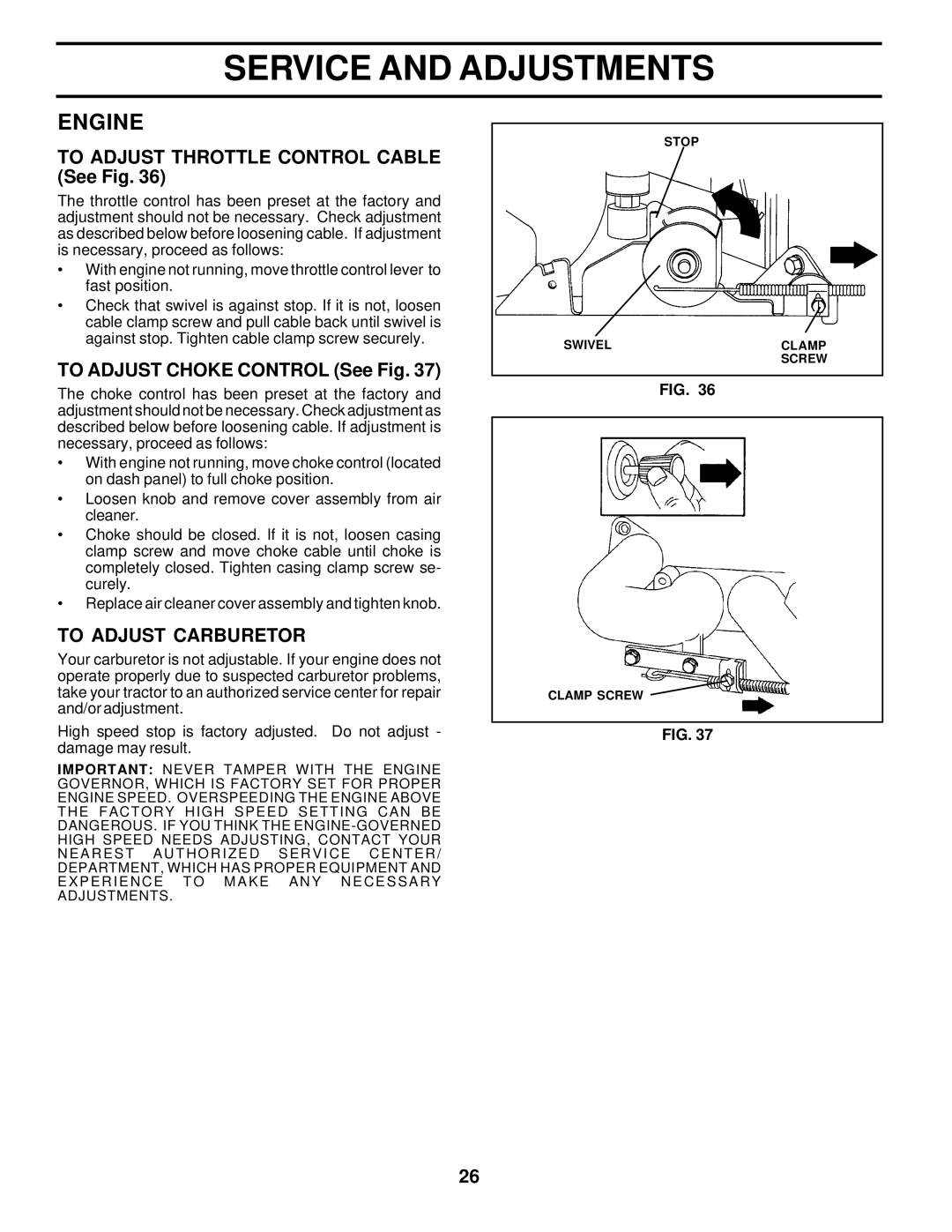 Poulan DPR22H46STB To Adjust Throttle Control Cable See Fig, To Adjust Choke Control See Fig, To Adjust Carburetor 