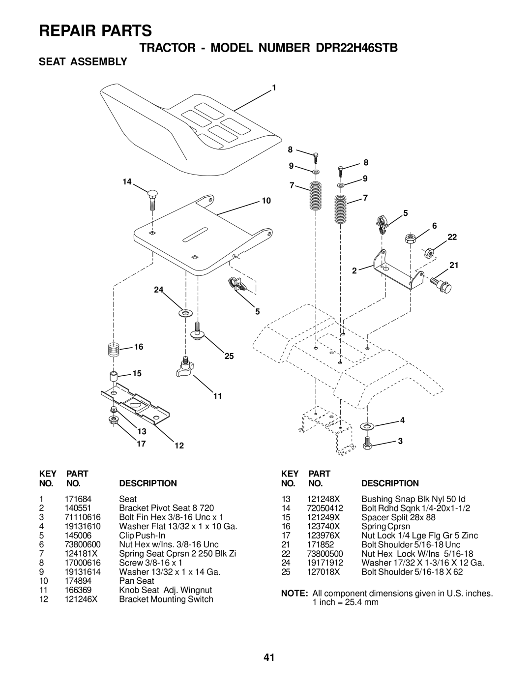 Poulan DPR22H46STB owner manual Seat Assembly 