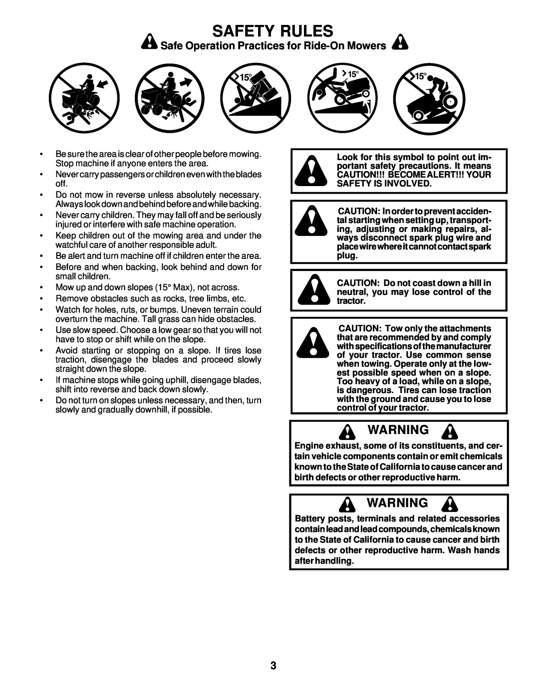 Poulan DPR22H46STB owner manual Safety Rules, Safe Operation Practices for Ride-On Mowers 