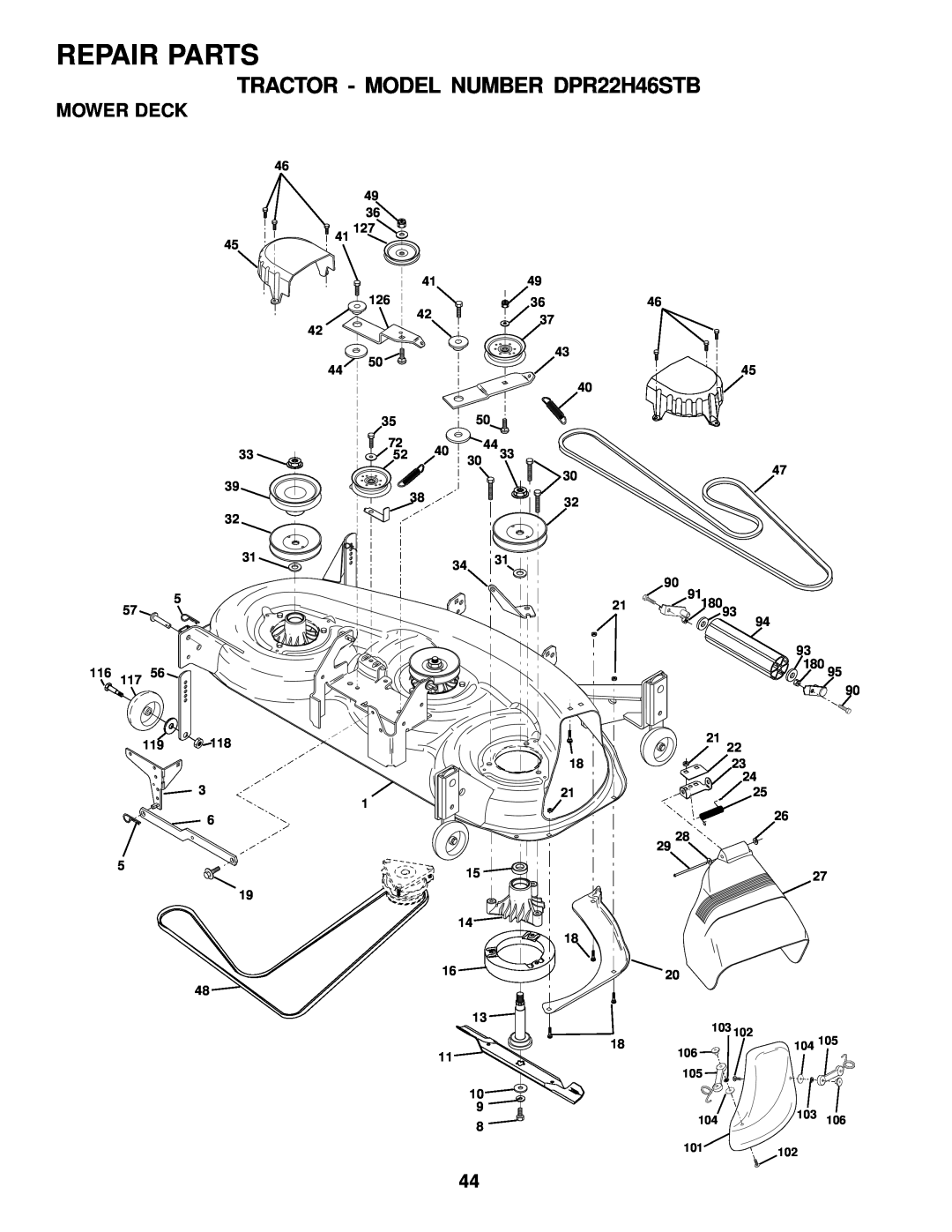 Poulan owner manual Mower Deck, Repair Parts, TRACTOR - MODEL NUMBER DPR22H46STB, 101102 