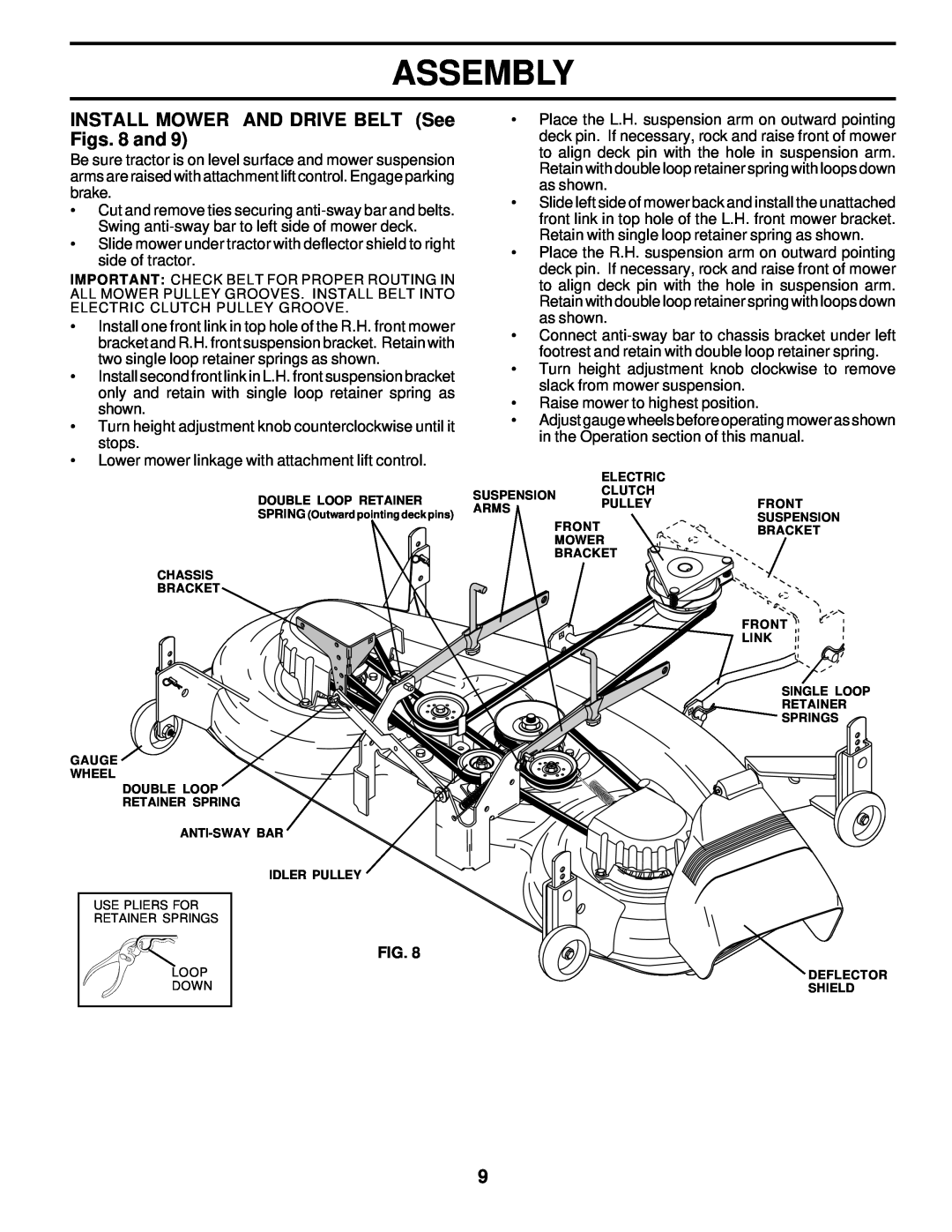 Poulan DPR22H46STB owner manual INSTALL MOWER AND DRIVE BELT See Figs. 8 and, Assembly 