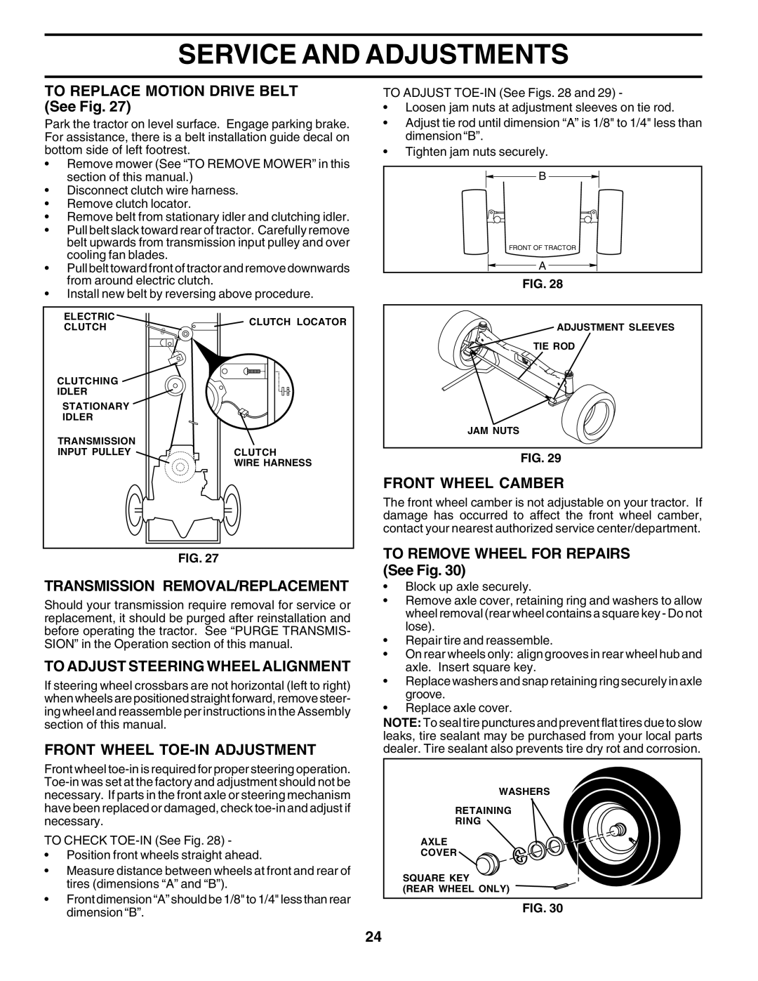 Poulan DPR22H48STA Transmission REMOVAL/REPLACEMENT, To Adjust Steering Wheel Alignment, Front Wheel TOE-IN Adjustment 