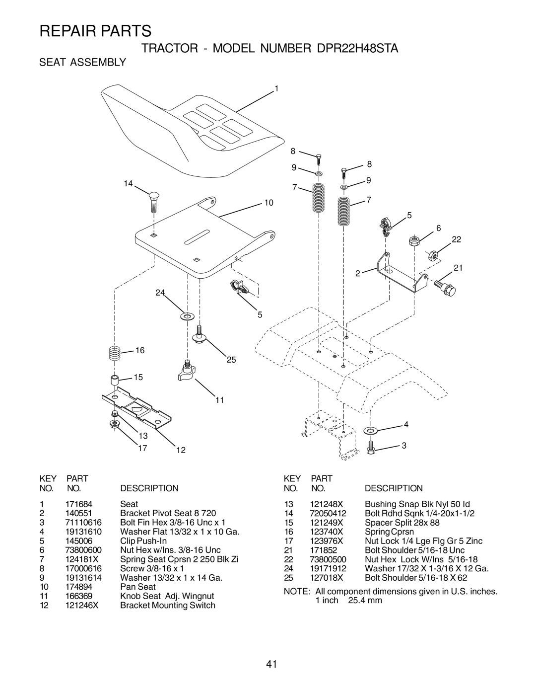 Poulan DPR22H48STA owner manual Seat Assembly 