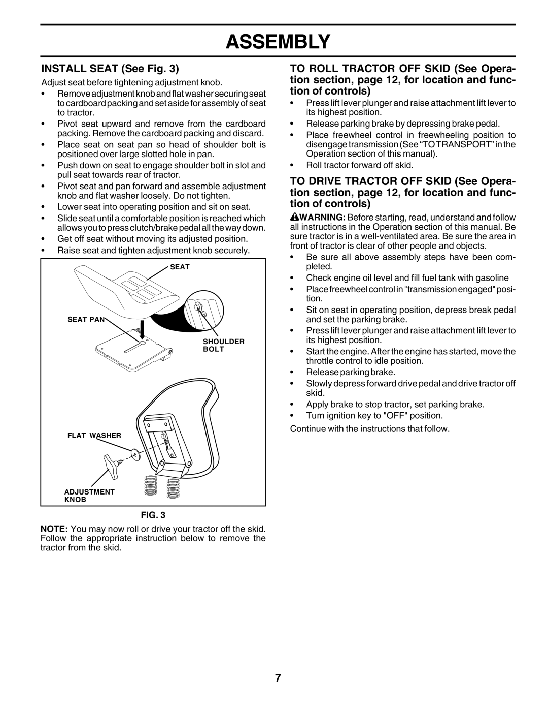 Poulan DPR22H48STA owner manual Install Seat See Fig 