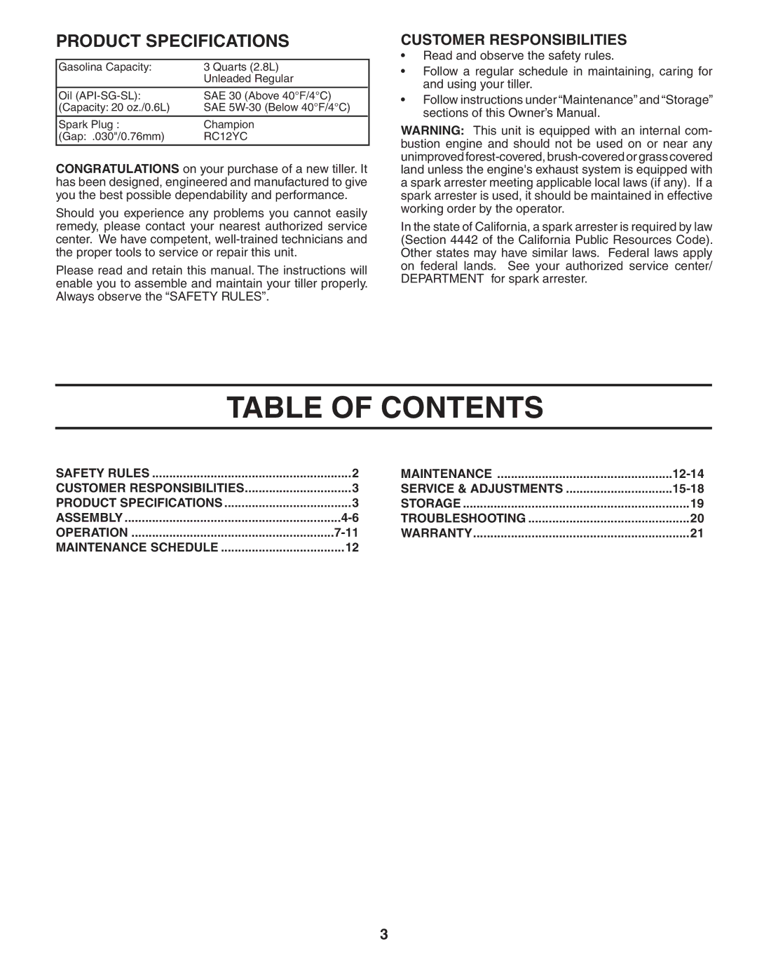 Poulan DRT65 manual Table of Contents 