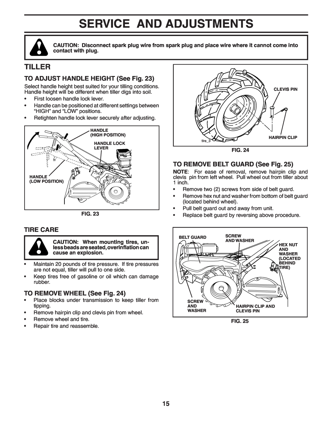 Poulan DRT65 Service And Adjustments, Tiller, TO ADJUST HANDLE HEIGHT See Fig, TO REMOVE BELT GUARD See Fig, Tire Care 