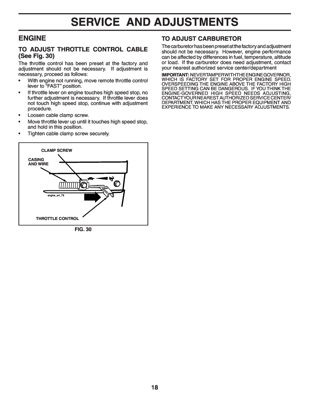 Poulan DRT65 manual TO ADJUST THROTTLE CONTROL CABLE See Fig, To Adjust Carburetor, Service And Adjustments, Engine 