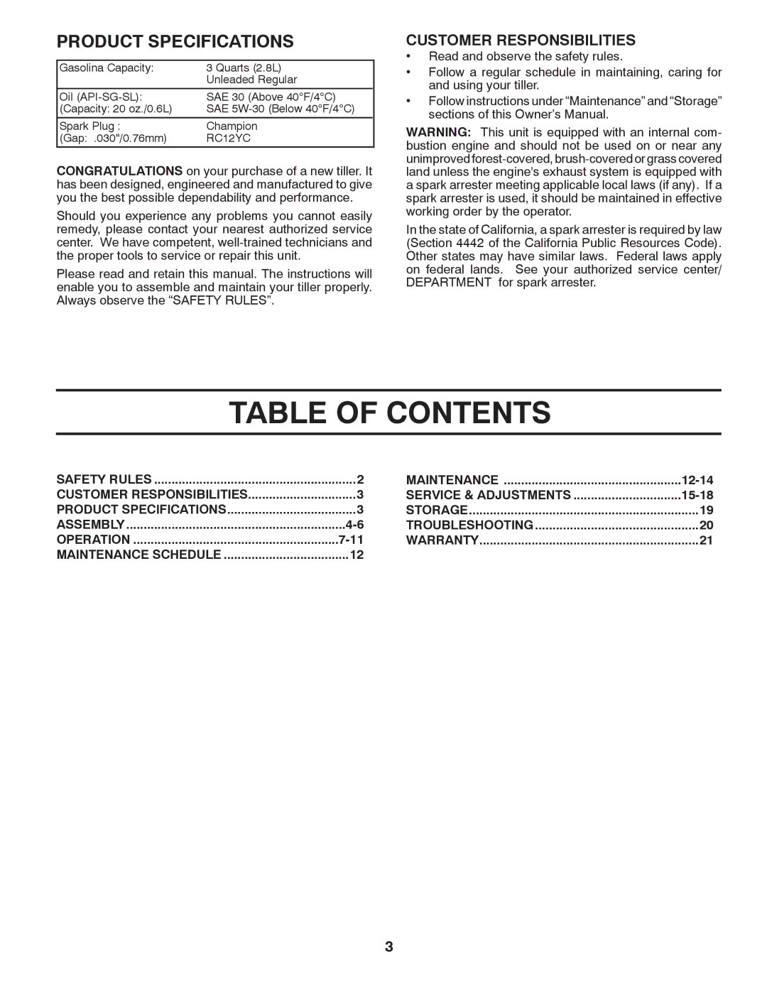 Poulan DRT875 manual Table of Contents 