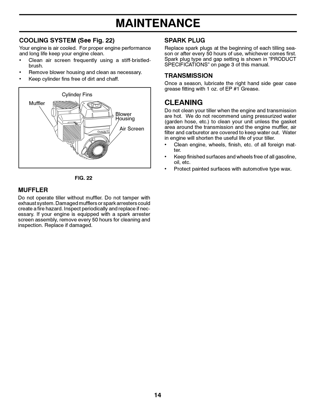 Poulan DRT875 manual Cleaning, COOLING SYSTEM See Fig, Muffler, Spark Plug, Transmission, Maintenance 