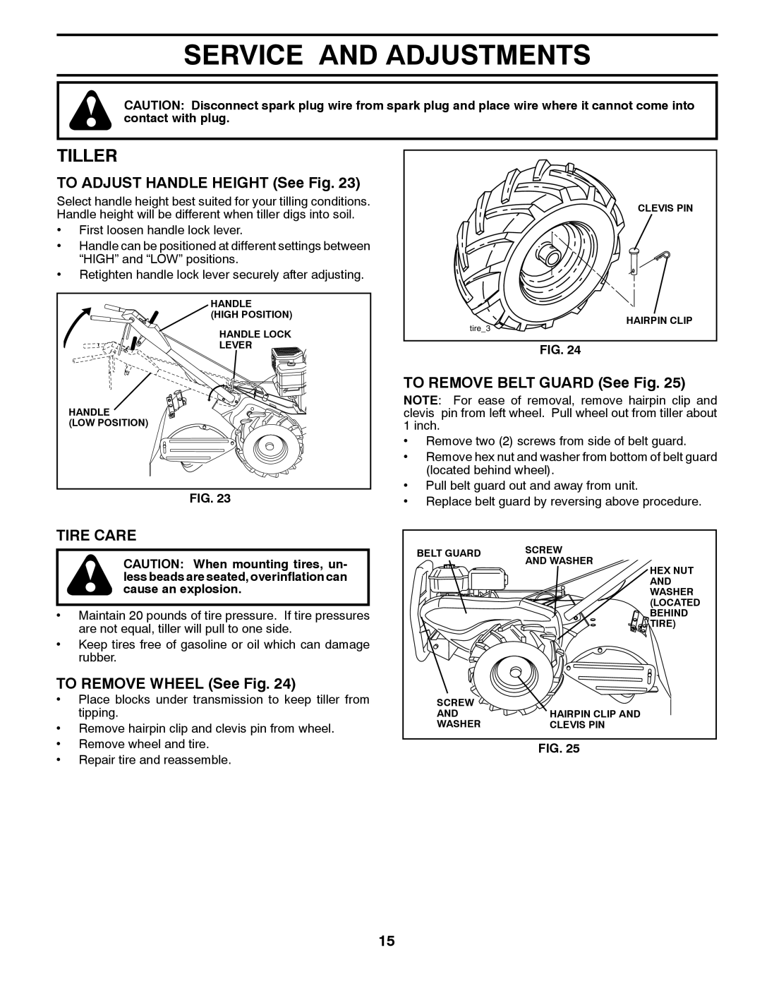 Poulan DRT875 Service And Adjustments, Tiller, TO ADJUST HANDLE HEIGHT See Fig, TO REMOVE BELT GUARD See Fig, Tire Care 