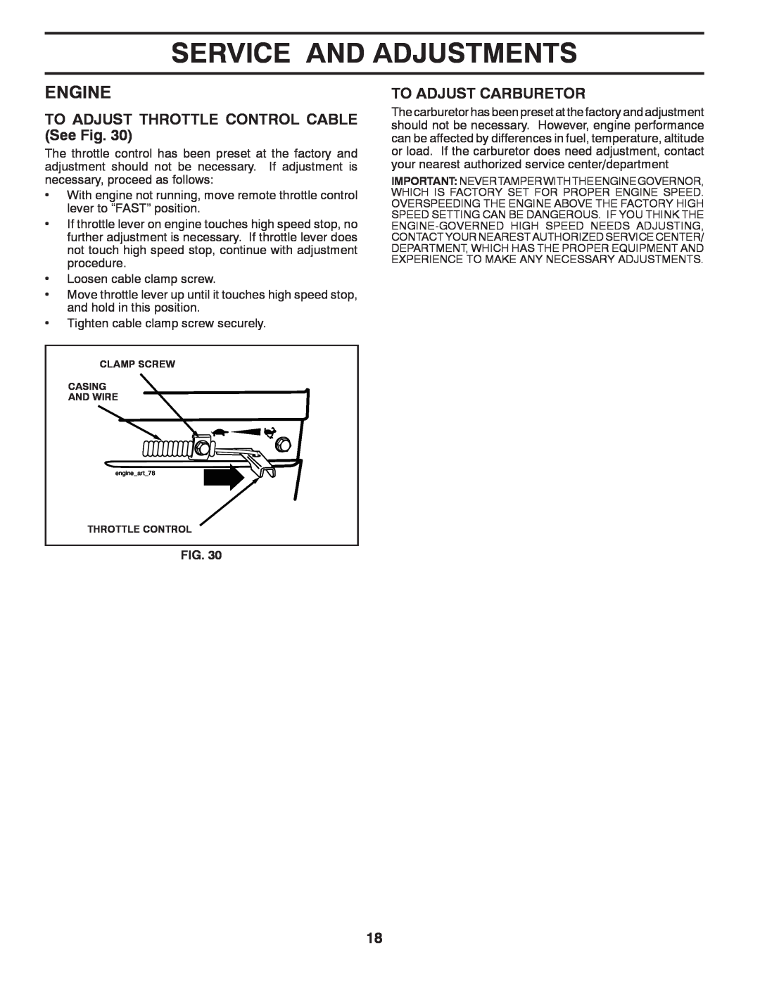 Poulan DRT875 manual TO ADJUST THROTTLE CONTROL CABLE See Fig, To Adjust Carburetor, Service And Adjustments, Engine 