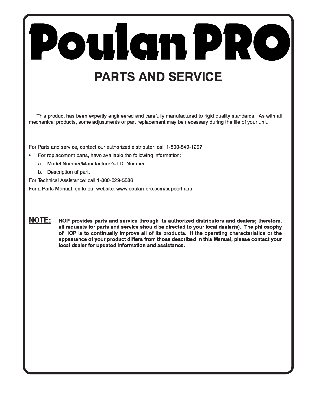Poulan DRT875 manual Parts And Service 