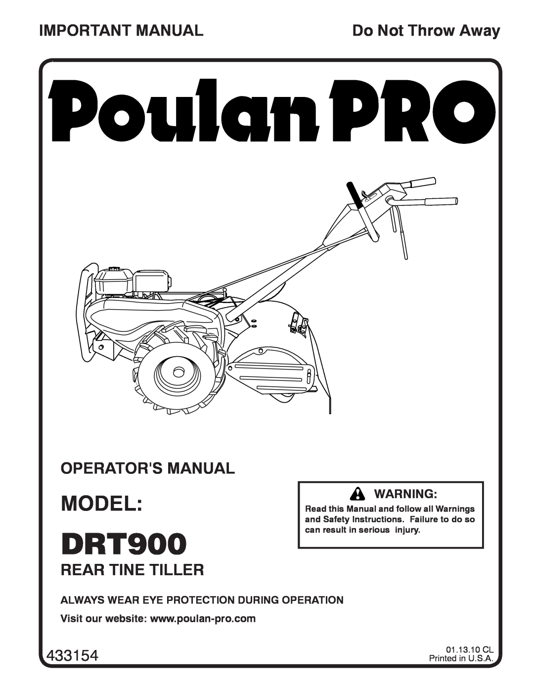 Poulan 433154, 96092002300 manual Model, Important Manual, Operators Manual, Rear Tine Tiller, DRT900, Do Not Throw Away 