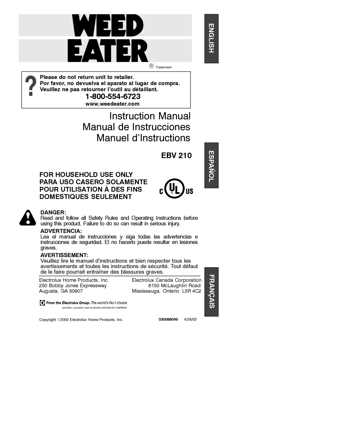 Poulan EBV 210 instruction manual Manual de Instrucciones Manuel d’Instructions 