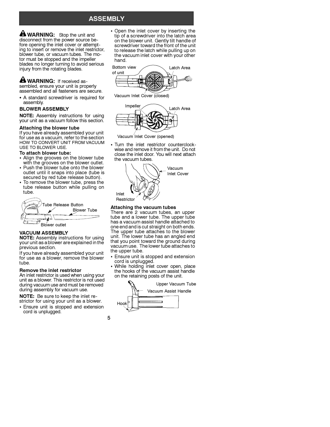 Poulan EBV 210 instruction manual Standard screwdriver is required for assembly, Blower Assembly, Vacuum Assembly 