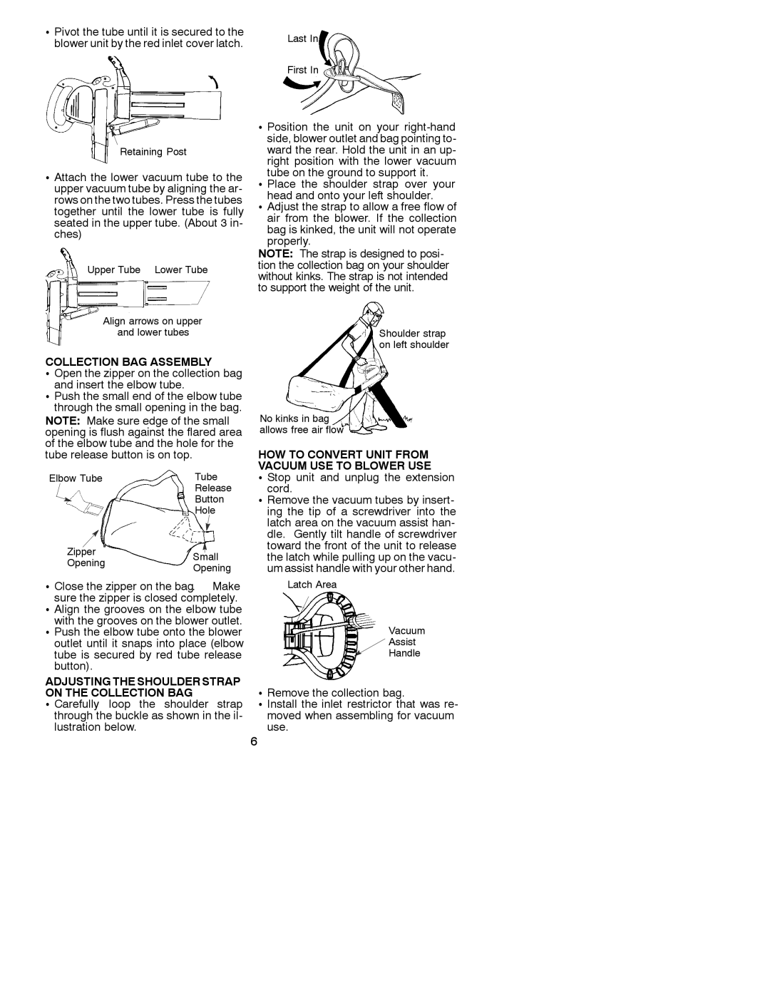 Poulan EBV 210 instruction manual Collection BAG Assembly, Adjusting the Shoulder Strap on the Collection BAG 