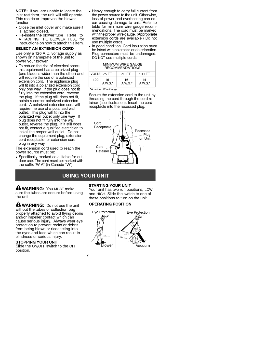 Poulan EBV 210 instruction manual Select AN Extension Cord, Stopping Your Unit, Starting Your Unit, Operating Position 