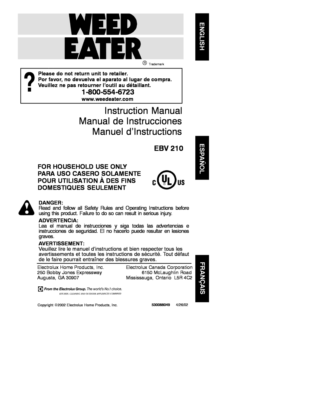 Poulan EBV 210 instruction manual Please do not return unit to retailer, Danger, Advertencia, Avertissement 
