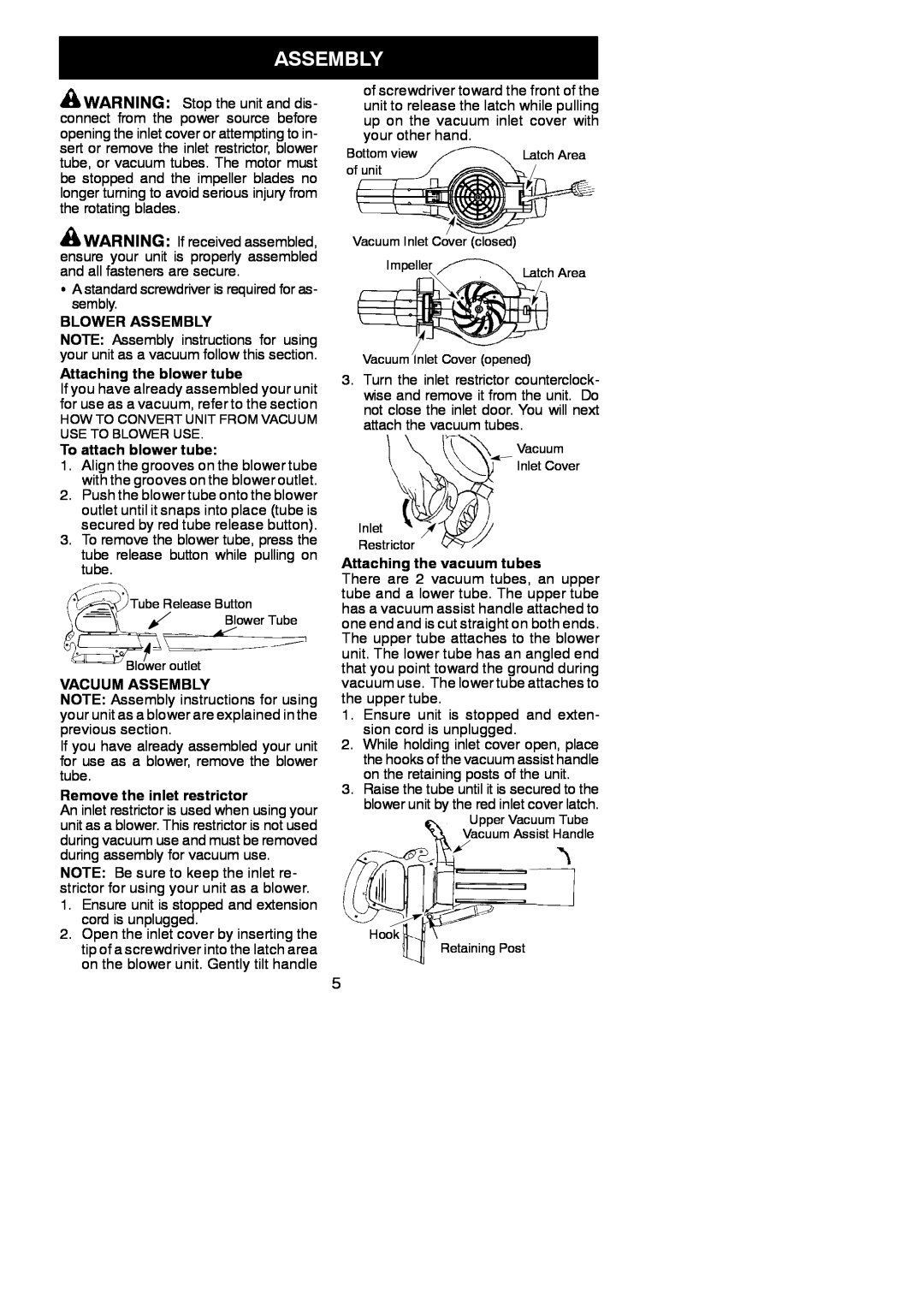 Poulan EBV 215 instruction manual Blower Assembly, Attaching the blower tube, To attach blower tube, Vacuum Assembly 