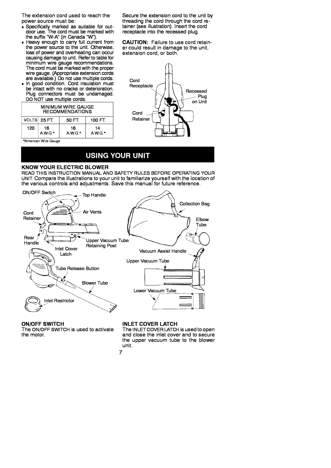 Poulan EBV 215 instruction manual Using Your Unit, Know Your Electric Blower, On/Off Switch, Inlet Cover Latch 