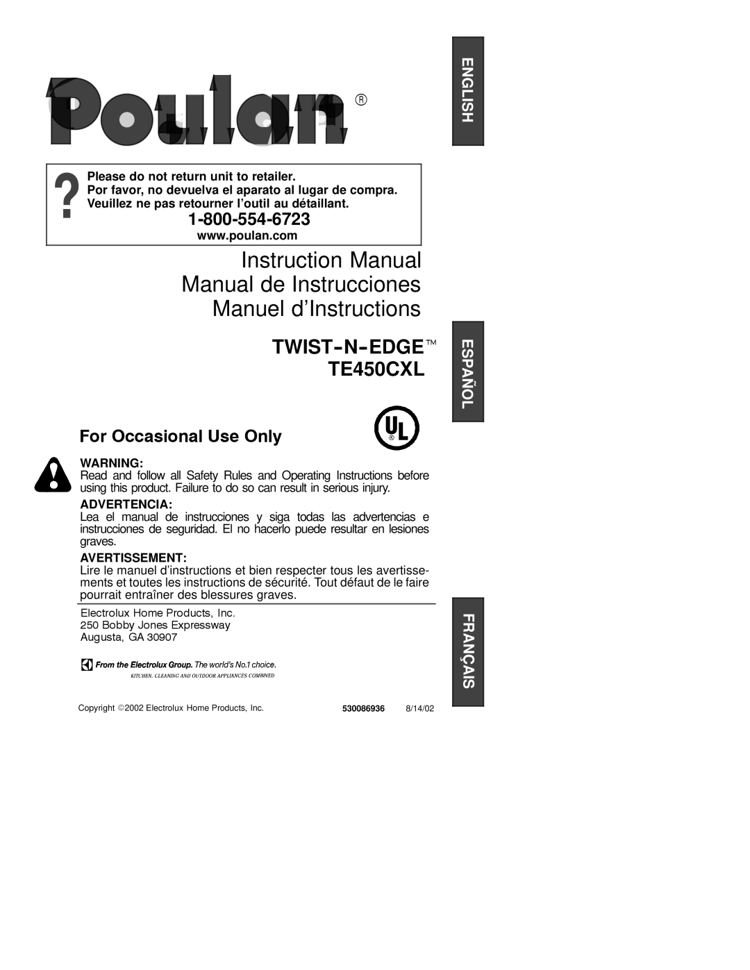 Poulan 530086936, EE450CXL instruction manual Manual de Instrucciones Manuel d’Instructions 