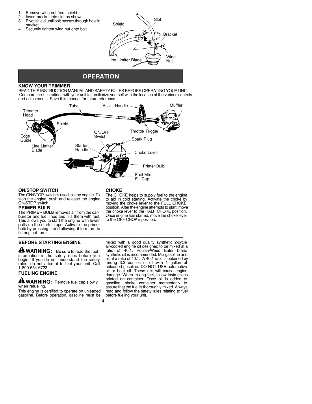 Poulan EE450CXL, 530086936 Know Your Trimmer, ON/STOP Switch Choke, Primer Bulb, Before Starting Engine, Fueling Engine 