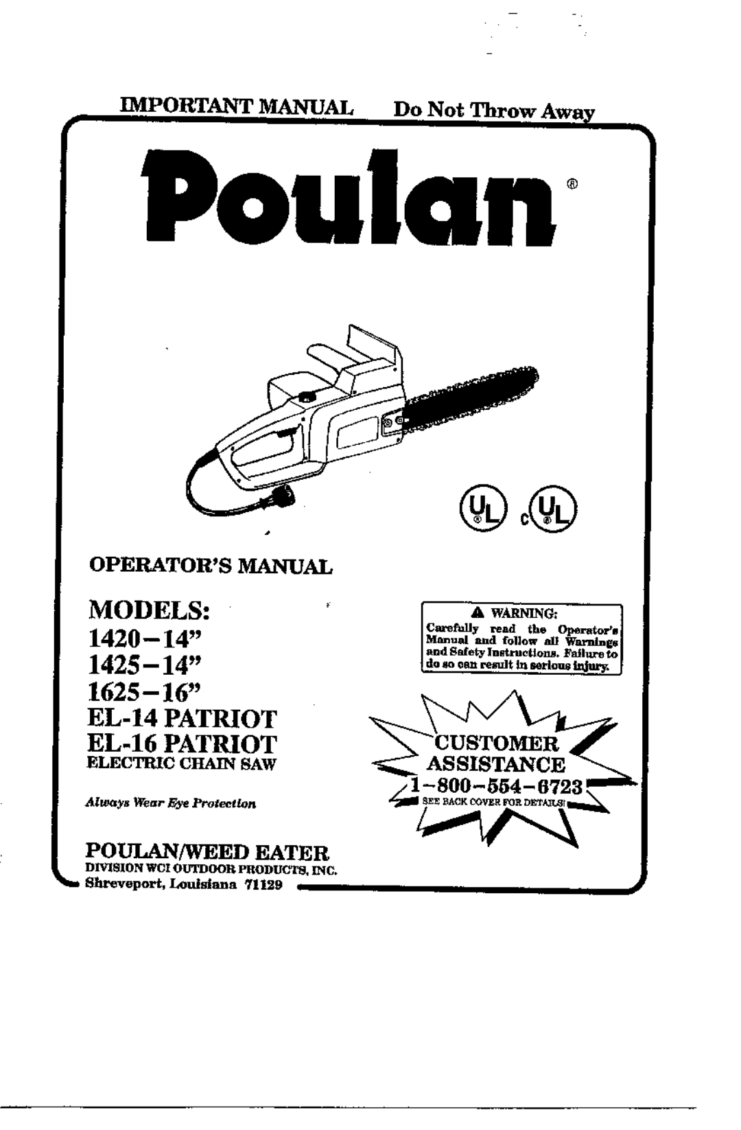 Poulan EL-16, EL-14, 1420-952801952, 1425 manual 