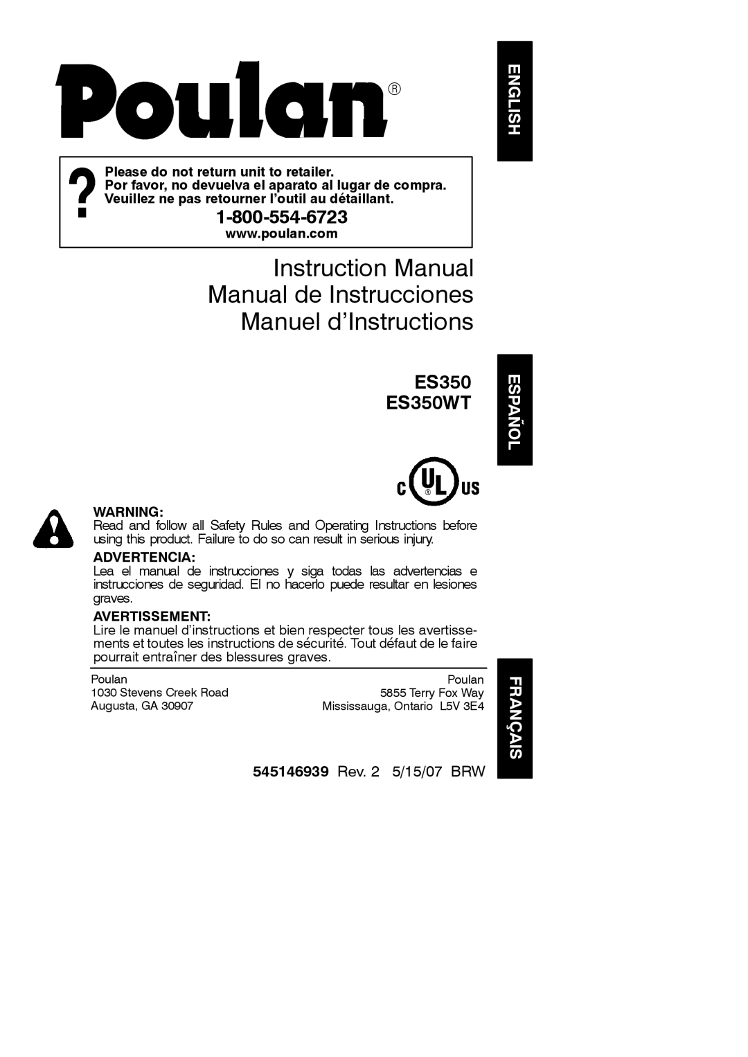 Poulan ES350WT instruction manual Español, Français 