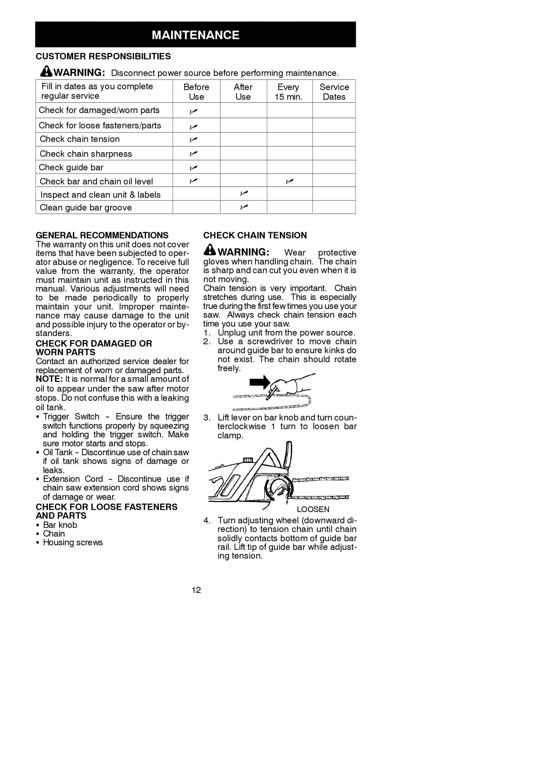 Poulan ES400, 966432901, 115259926 instruction manual Maintenance 