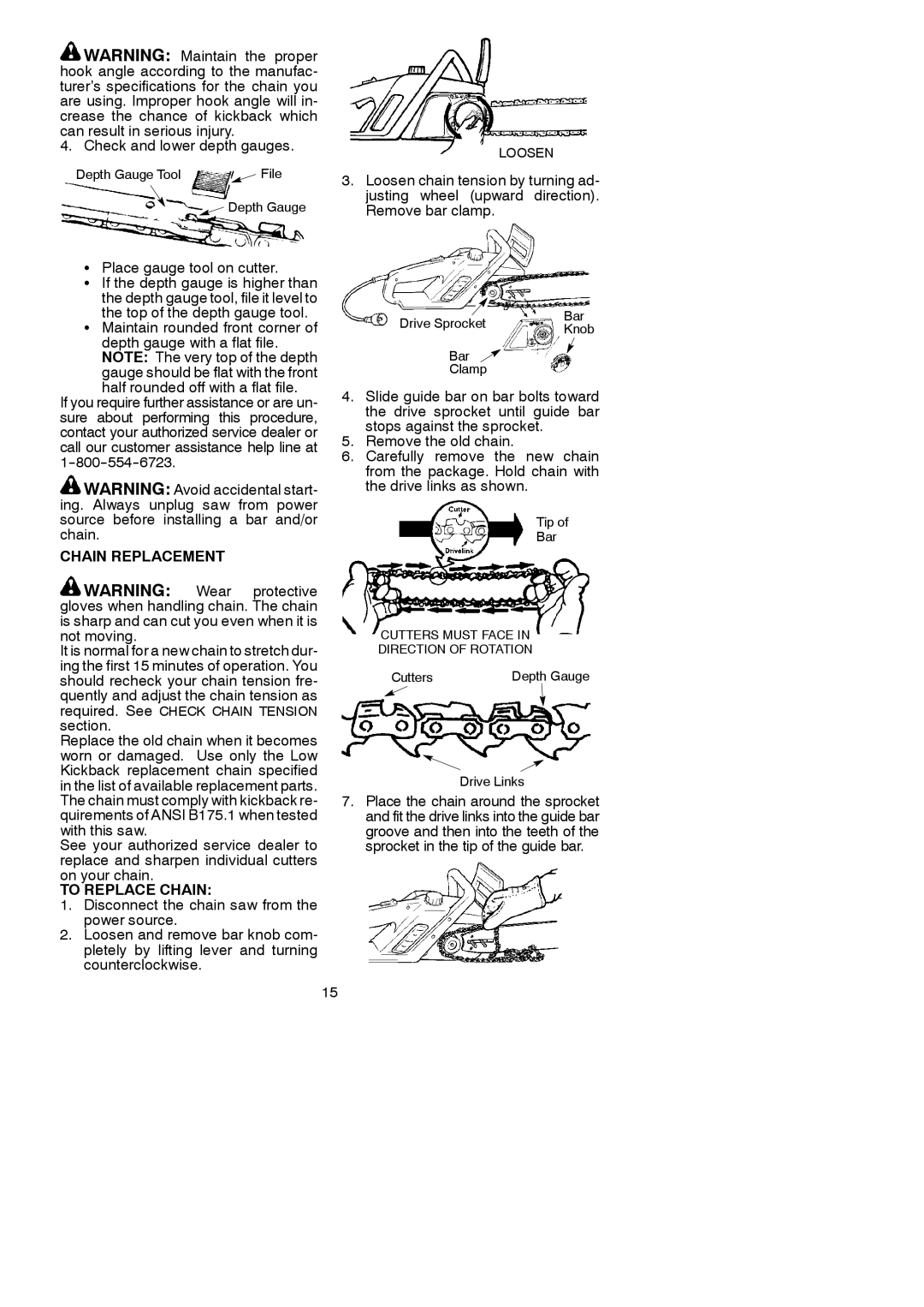 Poulan ES400, 966432901 Check and lower depth gauges, Top of the depth gauge tool, Half rounded off with a flat file 